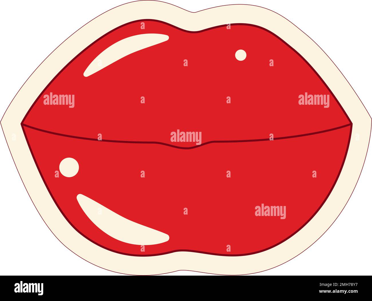 Adesivo colorato brillante a forma di labbra in uno stile retrò alla moda. Pop Art Adesivo. Icona. Isolare. Ideale per poster, banner, inviti, schede di congratulazioni o prezzo, etichette e brochure Illustrazione Vettoriale