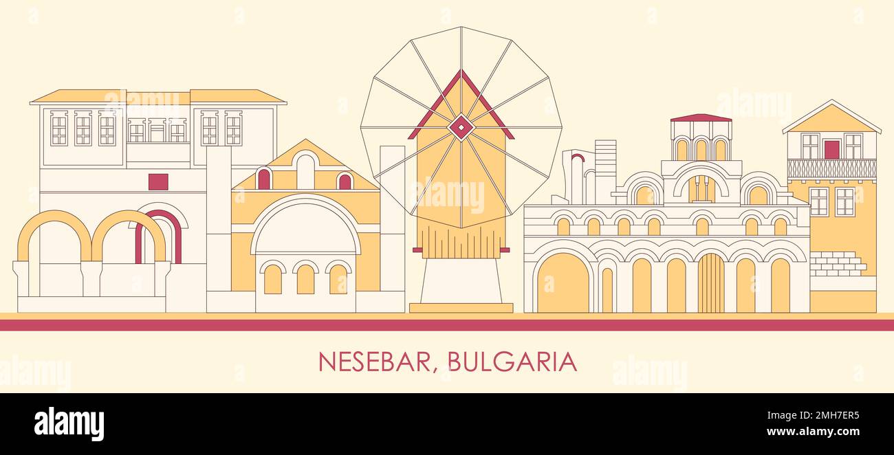 Panorama di Cartoon Skyline della città di Nessebar, Bulgaria - illustrazione vettoriale Illustrazione Vettoriale