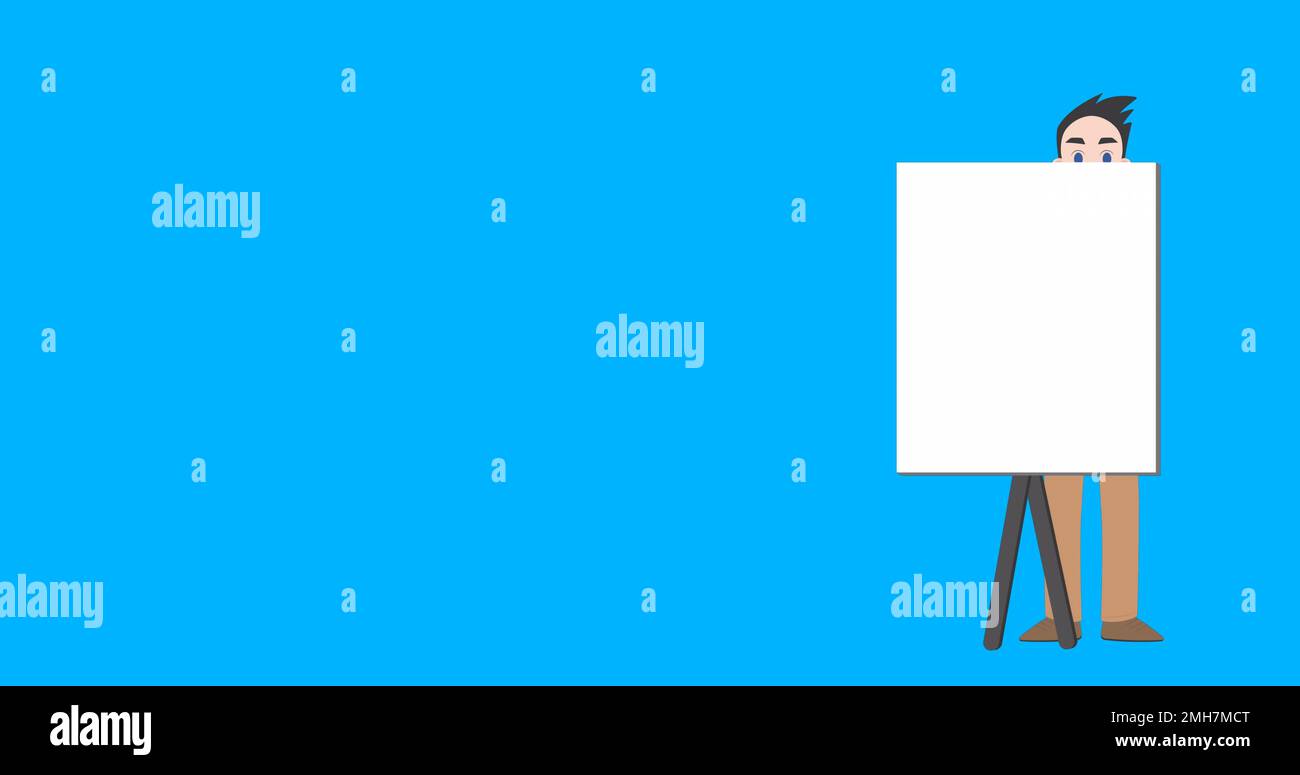 Immagine del pittogramma dell'uomo con lavagna bianca e spazio copia su sfondo blu Foto Stock