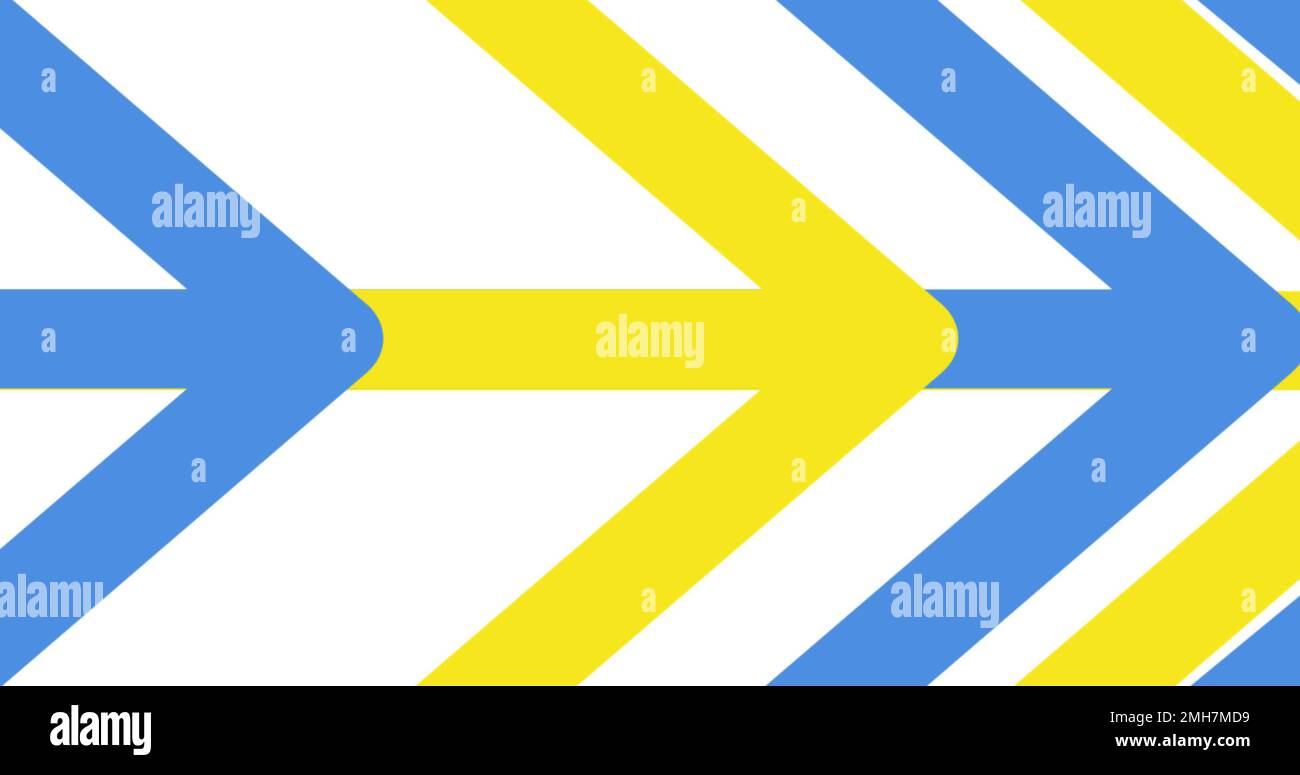 Immagine delle frecce gialle e blu che puntano a destra su sfondo bianco Foto Stock