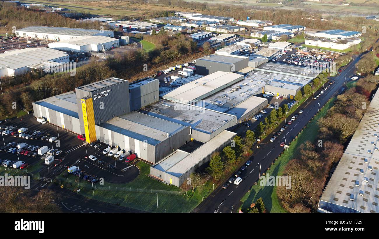 Vista aerea del drone di Wardpark Film e degli studi televisivi Cumbernauld Foto Stock