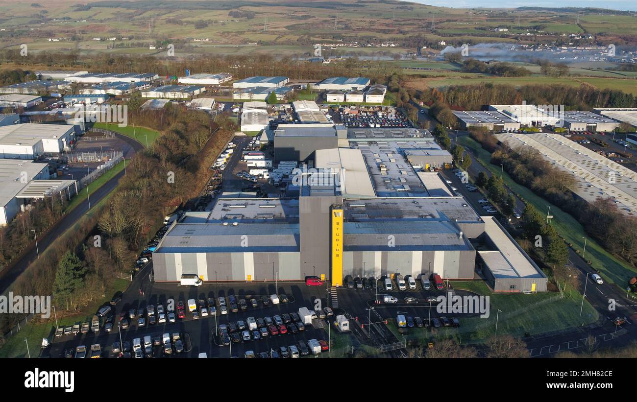 Vista aerea del drone di Wardpark Film e degli studi televisivi Cumbernauld Foto Stock