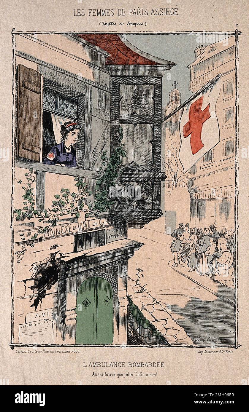 Caricatura di un'infermiera che guarda da una finestra alle code per il pane durante l'assedio di Parigi nella guerra franco-prussiana. Litografia di trasferimento colorata Foto Stock