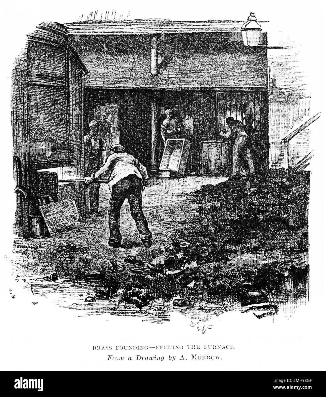 Incisione di operai in una fonderia di ottone a Burmingham, circa 1880 Foto Stock