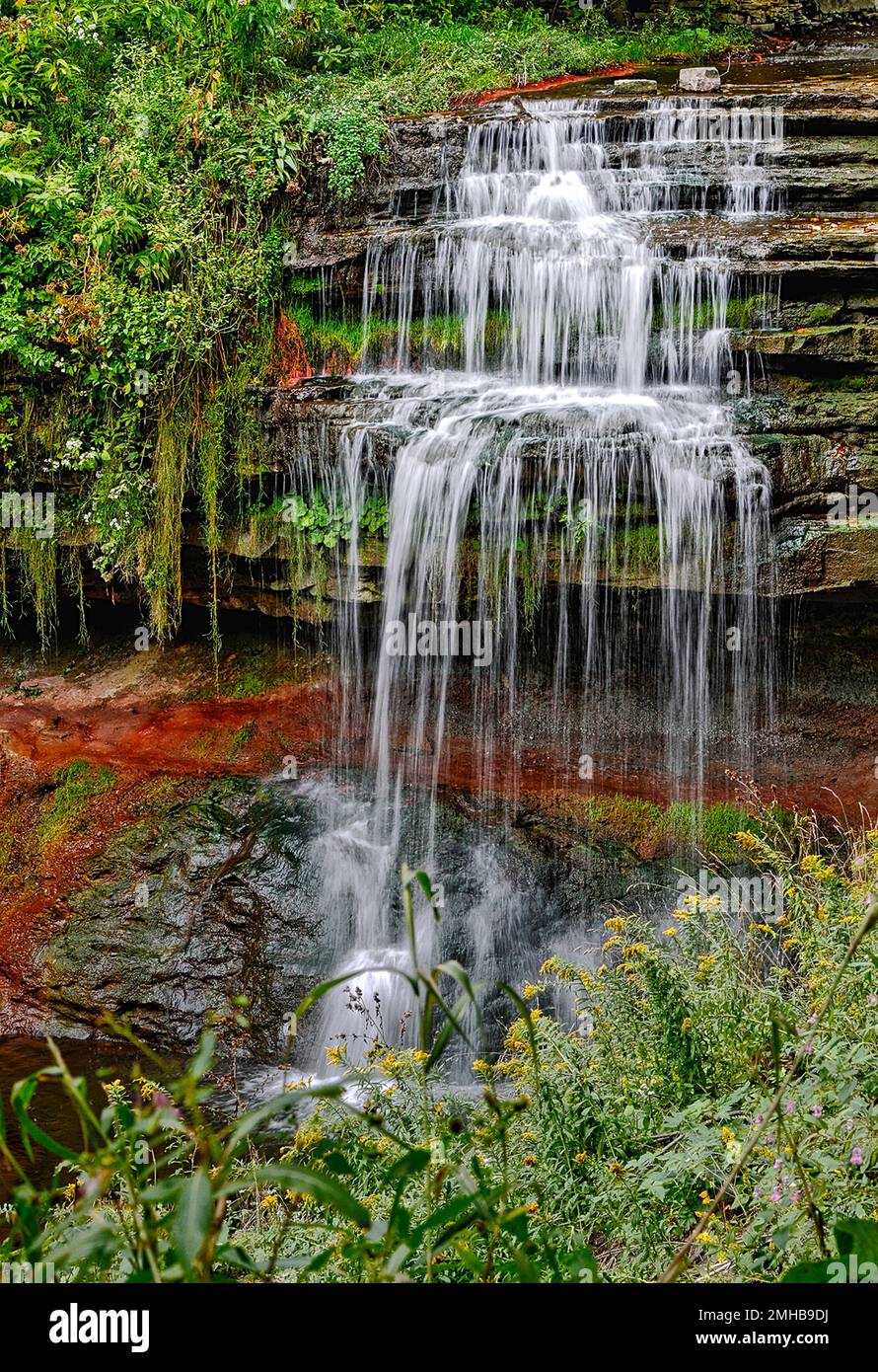 Bella cascata nella foresta autunnale, torrente setoso e liscio. Foto Stock