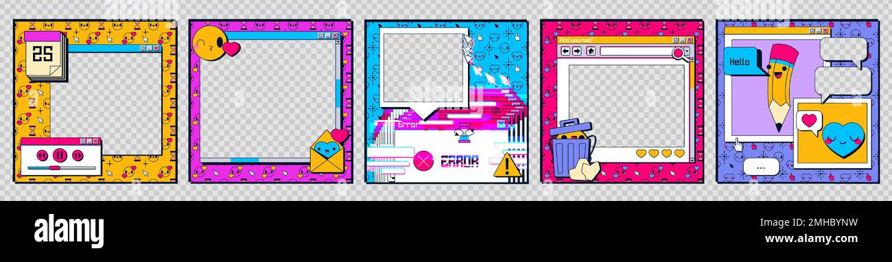 Set di frame software retro 90s isolati su sfondo trasparente. Illustrazione vettoriale di vecchie finestre di interfaccia del computer con icone di emoji, cuore, cestino, messaggio, avviso di errore. Design Vaporwave Illustrazione Vettoriale