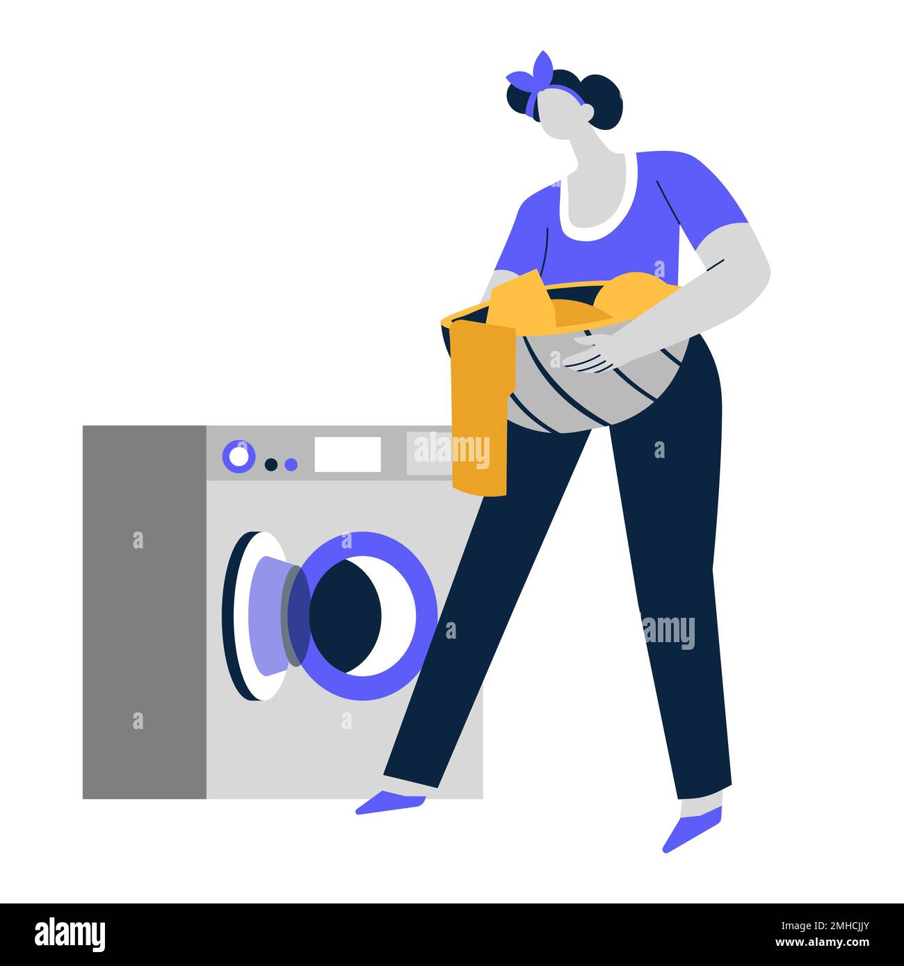Lavanderia giorno, lavatrice e lavabo con vestiti, servizio di pulizia Illustrazione Vettoriale