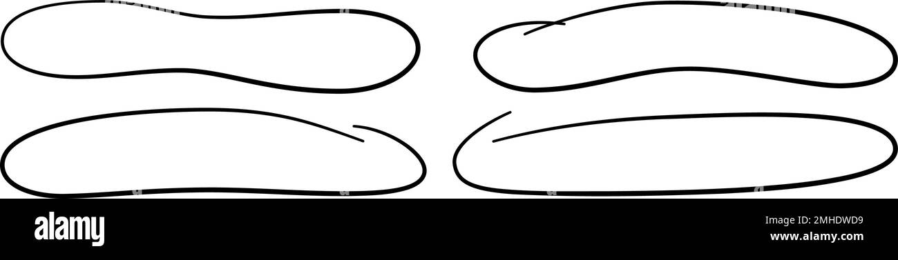 Set di ovali a cerchio lungo disegnati a mano. Ellissi di diverse larghezze. Evidenziare i riquadri del cerchio. Elipses e ovali in stile doodle. Set di illustrazioni vettoriali Illustrazione Vettoriale