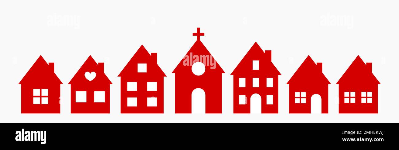Piccola città di case rosse e chiesa. Case di design appartamento. Illustrazione vettoriale. Illustrazione Vettoriale