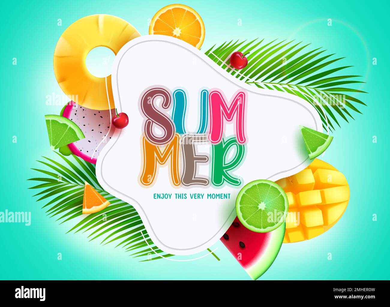Modello vettoriale estivo. Testo estivo con stagione tropicale elementi di frutta a fette in spazio vuoto. Banner di sfondo dell'illustrazione vettoriale. Illustrazione Vettoriale