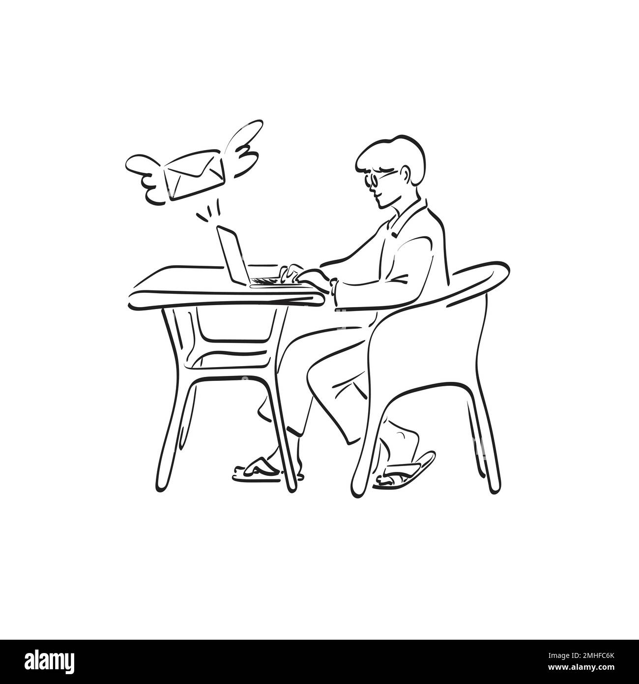 line art uomo utilizzando computer portatile per inviare e-mail a casa illustrazione vettore disegnato a mano isolato su sfondo bianco Illustrazione Vettoriale