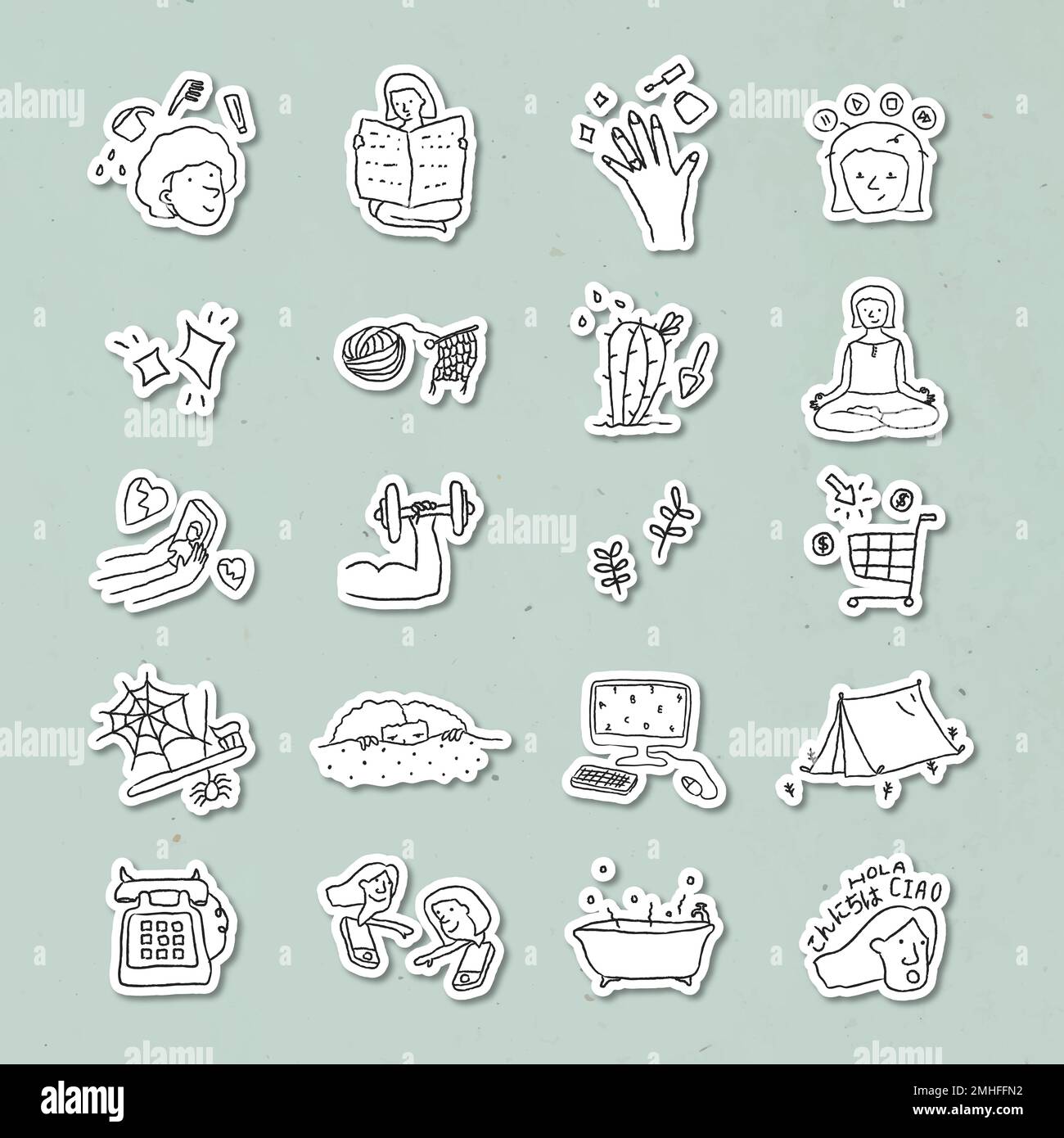 Attività a casa doodle stile adesivi serie vettoriale Illustrazione Vettoriale
