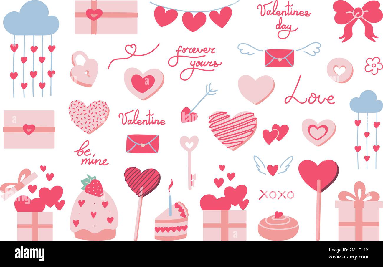 Set di tagliatelle disegnate a mano vettore giorno di San Valentino. Icone di amore romantico carino per l'anniversario, il matrimonio. Testo letterale, dolci, regali e collezione di regali Illustrazione Vettoriale