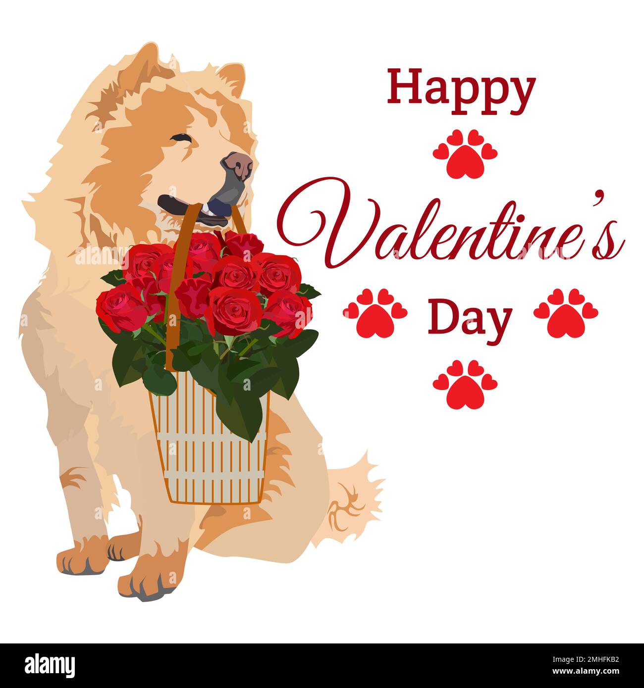 Carino cane da compagnia Chow Chow con cestino di rose per San Valentino carta, vettore Illustrazione Vettoriale