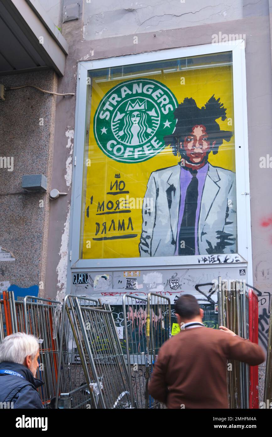 Una parodia, comico, falso pubblicità per il caffè Starbucks, con l'artista Jean-Michel Basquiat. Starbucks si chiama sconosciuti e la tagline i Foto Stock