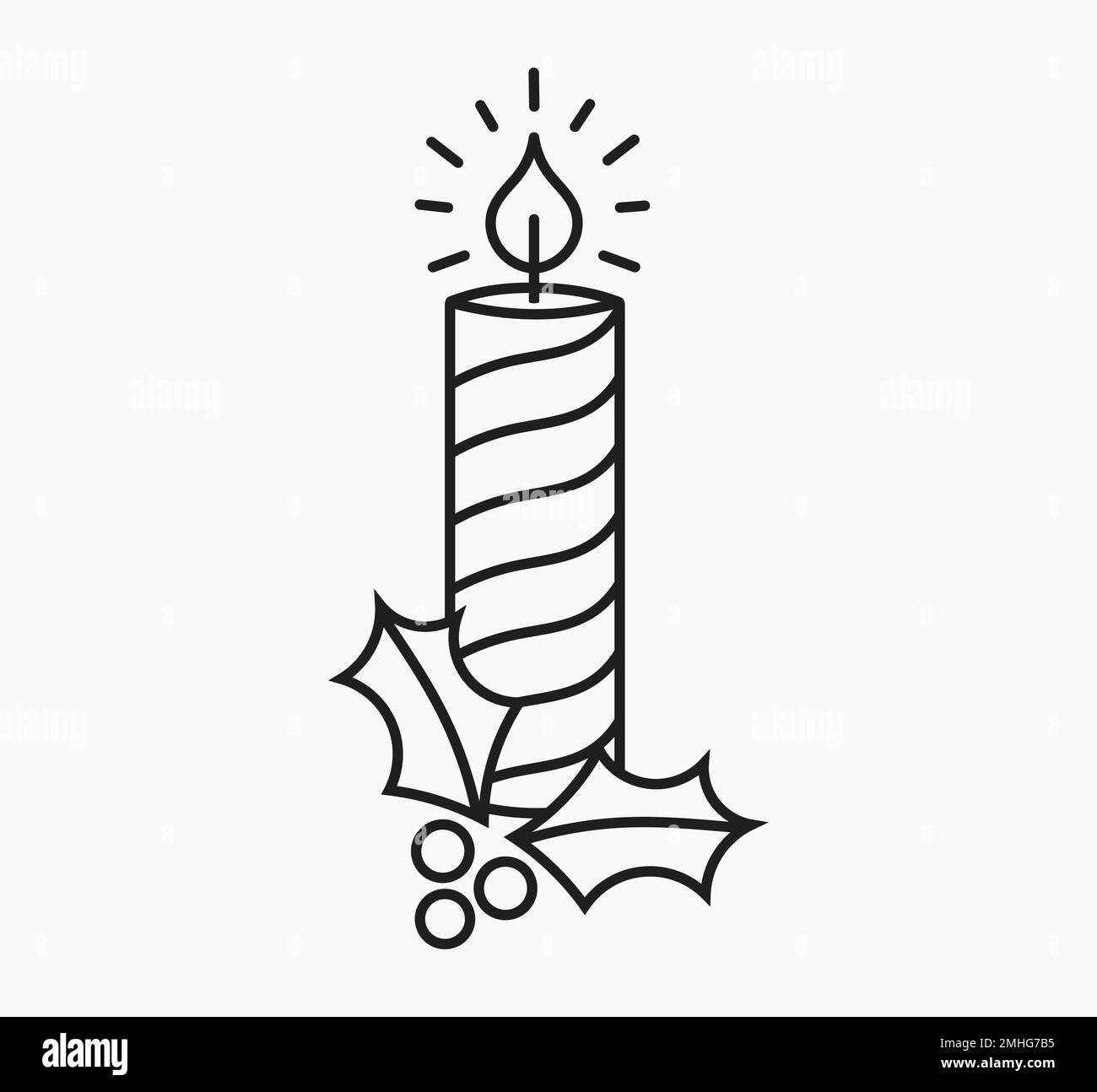 Candela di Natale e icona di disegno della linea del bacche agrifoglio. Illustrazione vettoriale. Illustrazione Vettoriale