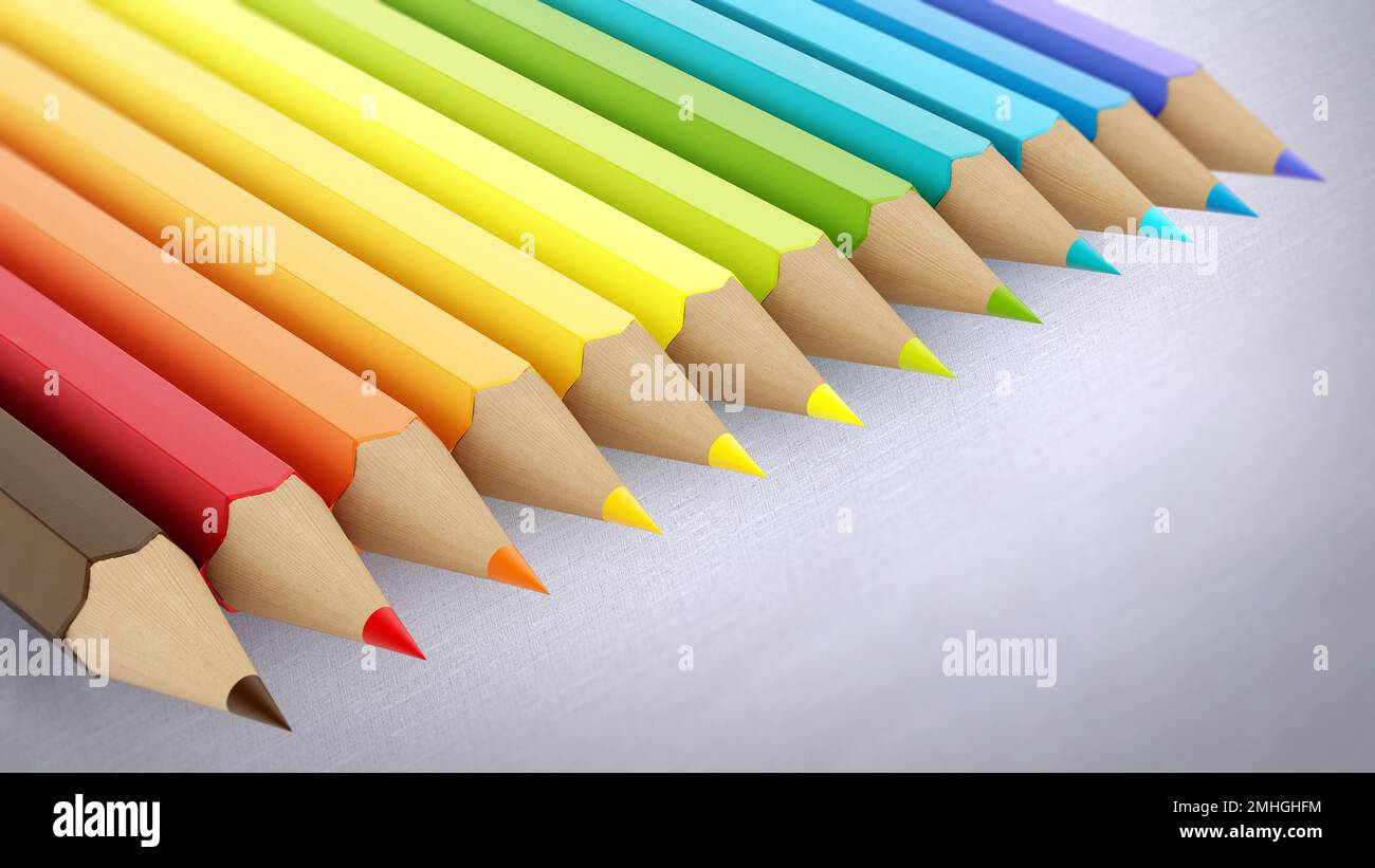 Matite colorate su sfondo grigio. Illustrazione 3D. Foto Stock