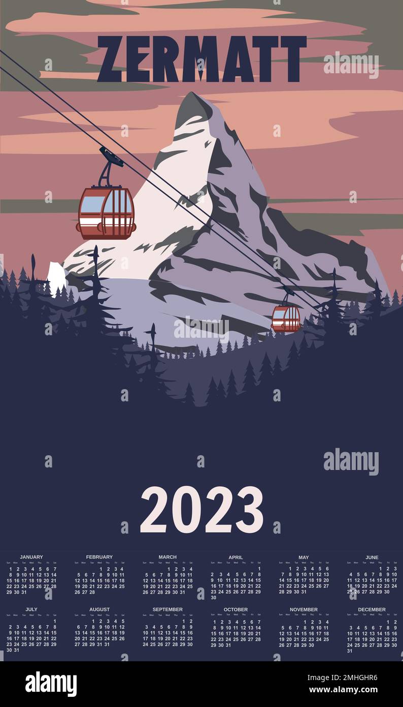 Calendario mensile 2023 anno Zermatt Resort poster, retrò. Tessera di viaggio invernale per le Alpi Illustrazione Vettoriale
