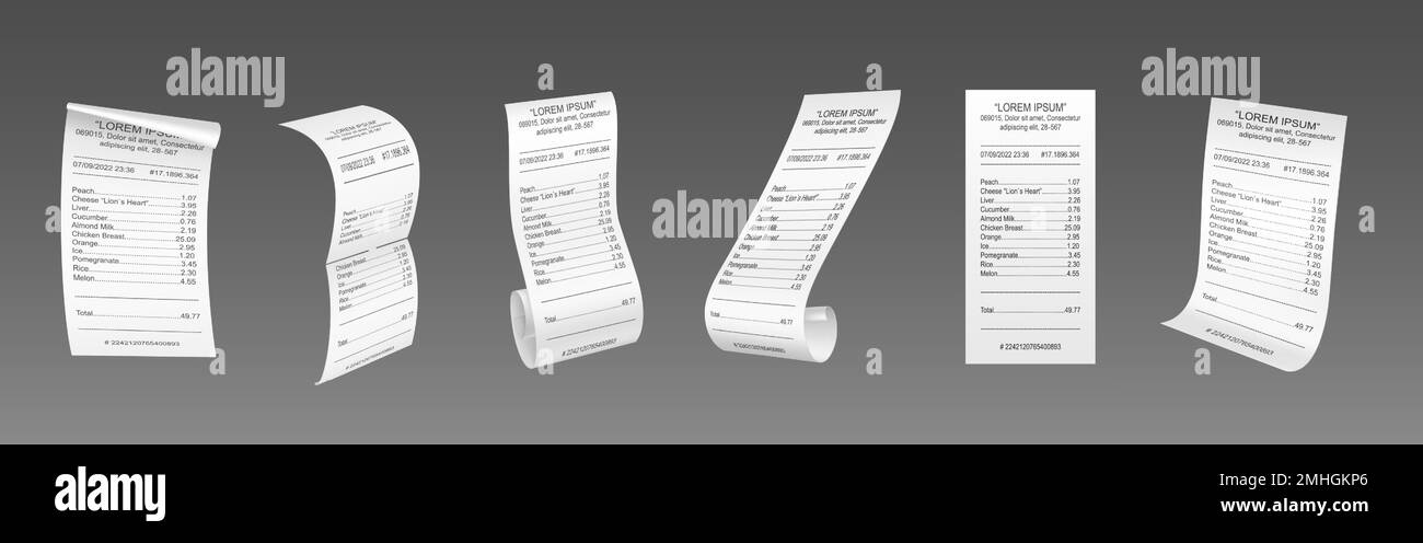 Set realistico di modelli di carta per ricevute isolati su sfondo grigio. Immagine vettoriale del documento di conferma del pagamento mockup dal negozio, ristorante Illustrazione Vettoriale