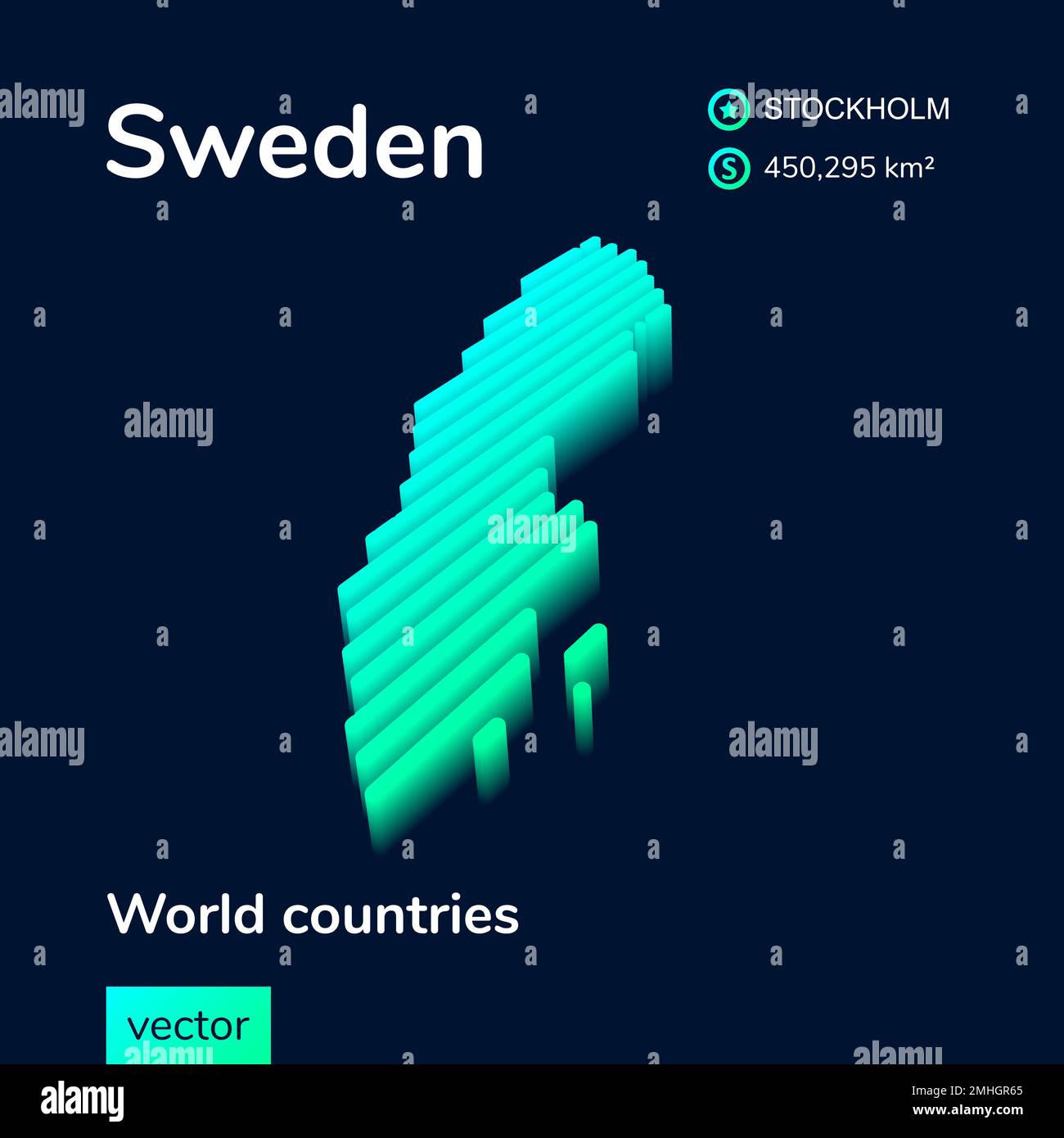 Mappa al neon isometrica vettoriale a righe stilizzata della Svezia con effetto 3D. Mappa della Svezia Illustrazione Vettoriale