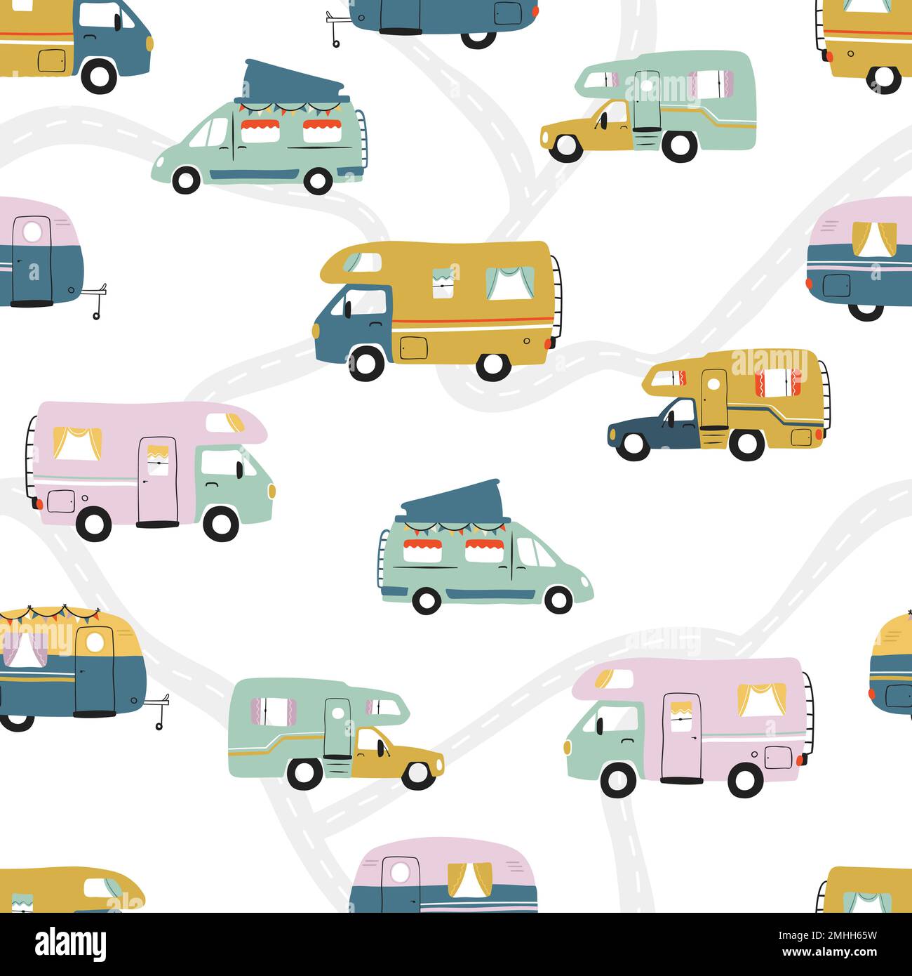 Road trip senza cuciture motivo, doodle camper furgoni, vanlife, avventura - grande per tessuti, striscioni, sfondi - vettoriale design Illustrazione Vettoriale