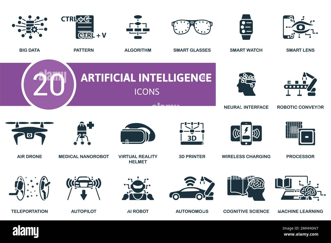 Set di icone di intelligenza artificiale. Raccolta di icone monocromatiche Simple Artificial Intelligence. Big Data, Pattern, algoritmo, Smart Glass, Smart Watch Illustrazione Vettoriale