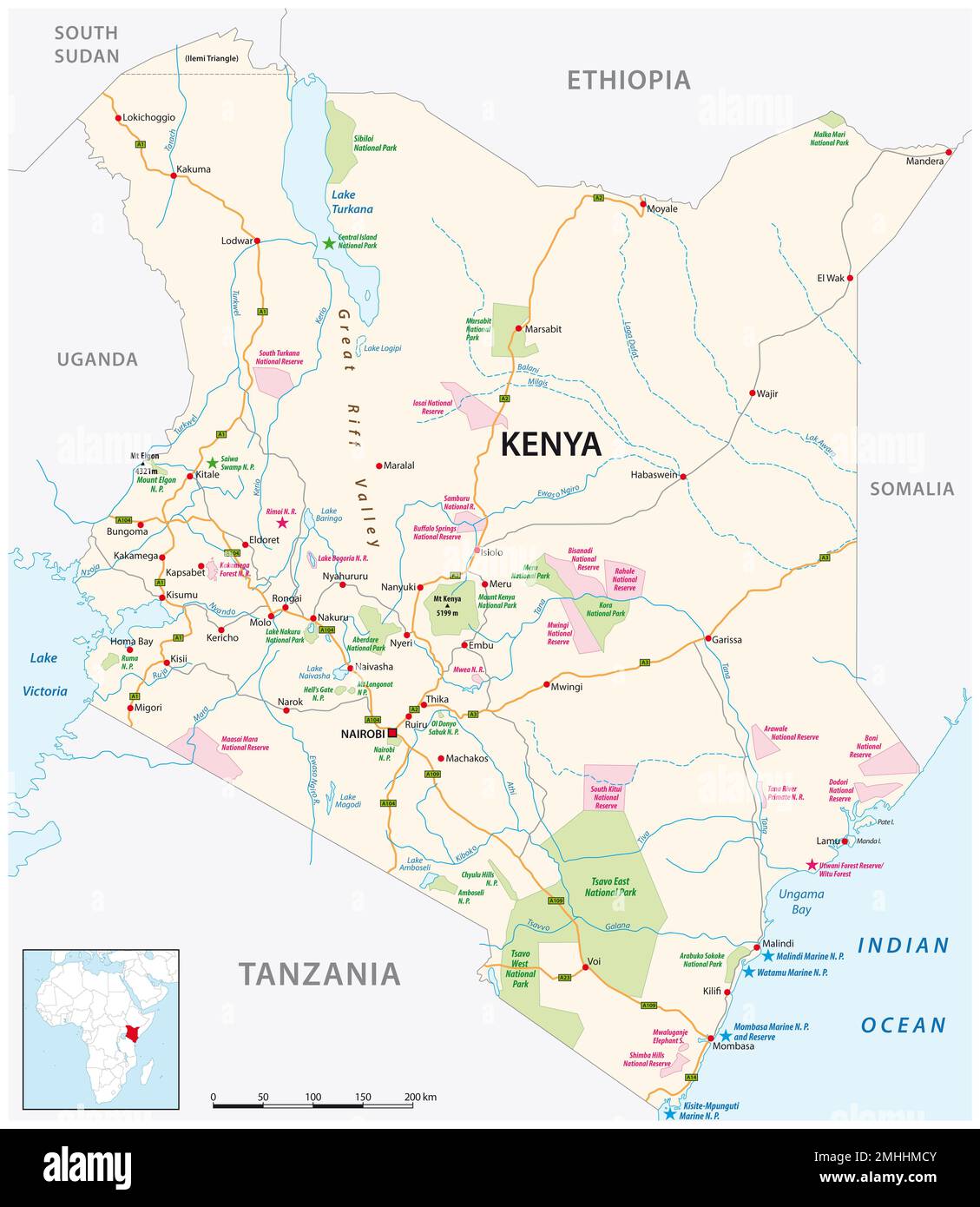 strada del kenya, parco nazionale e mappa della riserva nazionale Foto Stock