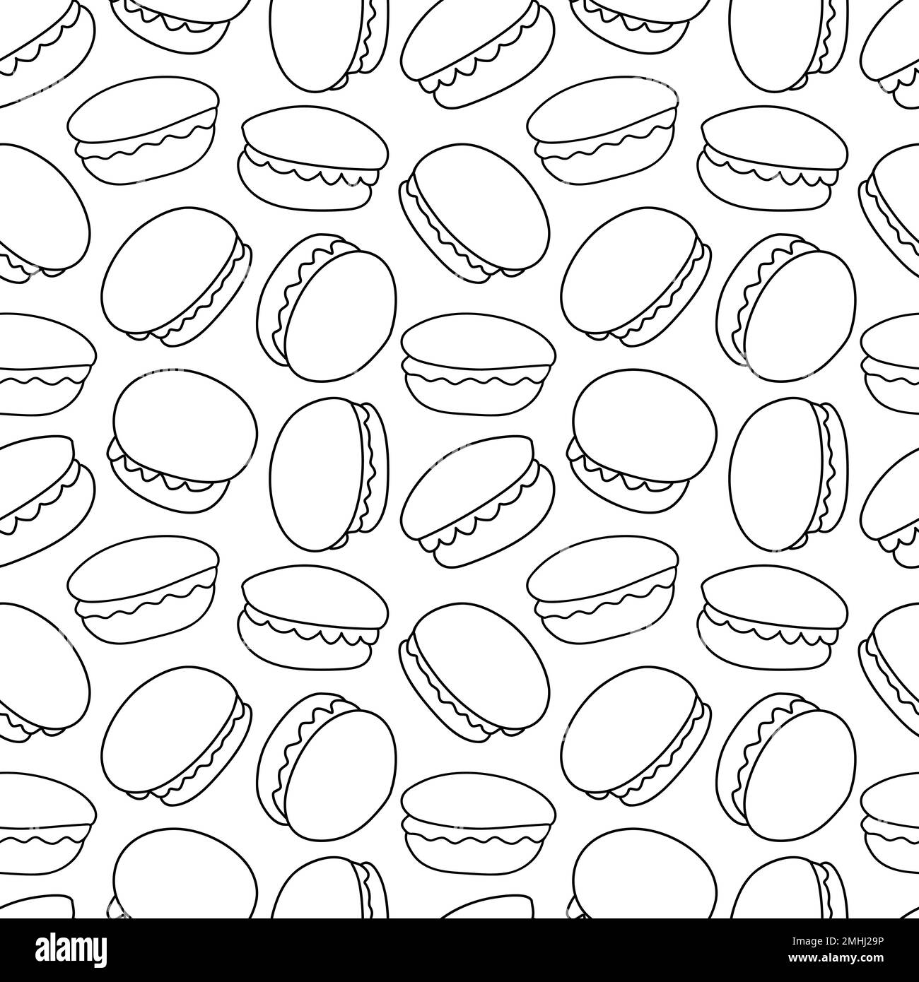 Macarons francese biscotti doodle schizzo senza cuciture motivo. Caramelle dolci al macaron disegnate a mano. Contorno torte confezione sfondo. Arredamento pasticceria dessert. Illustrazione vettoriale. Illustrazione Vettoriale