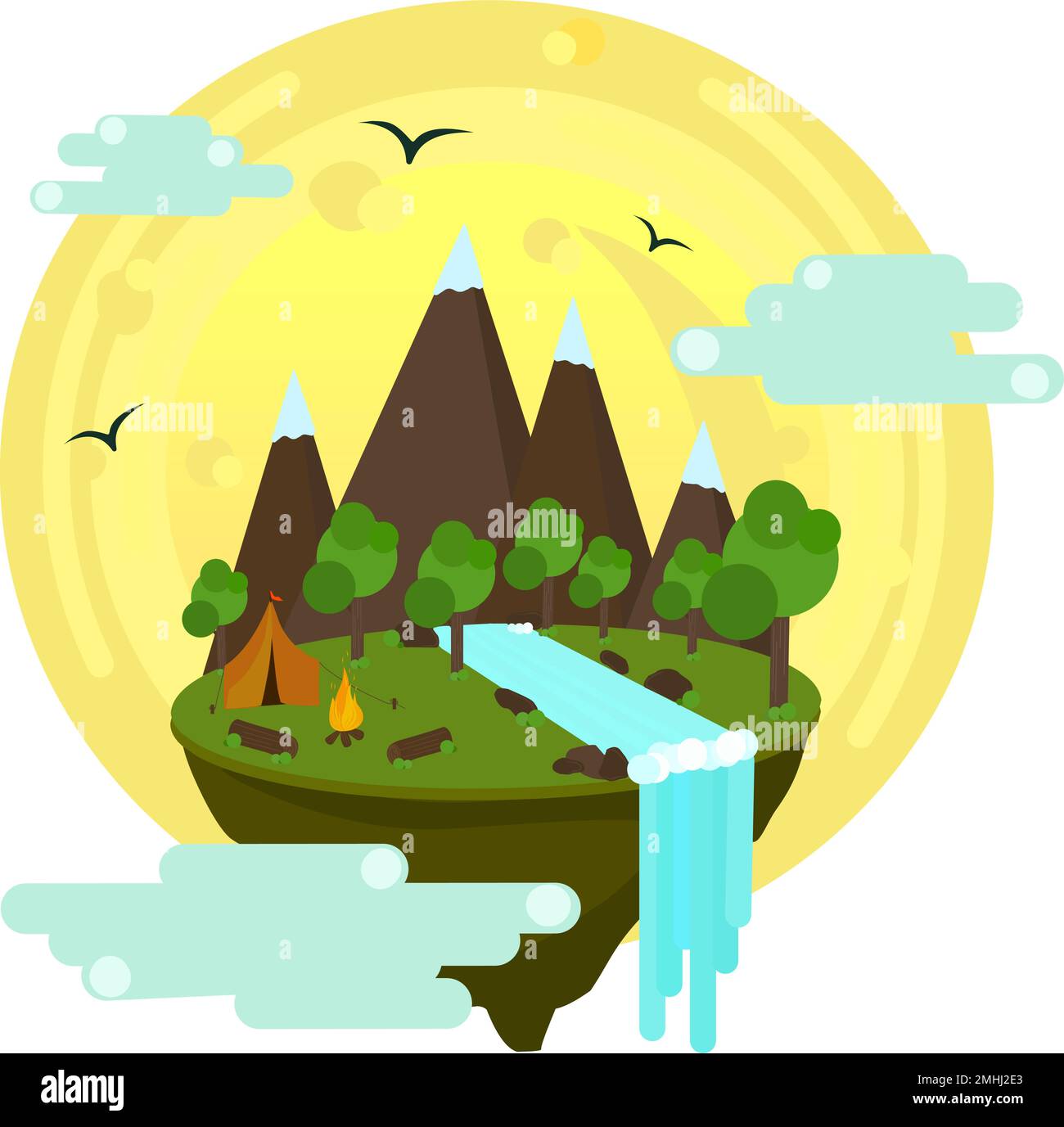 Elementi vettoriali di paesaggio cartoon con montagne, colline, alberi tropicali ed edifici. Illustrazione della natura in collina e in montagna Illustrazione Vettoriale