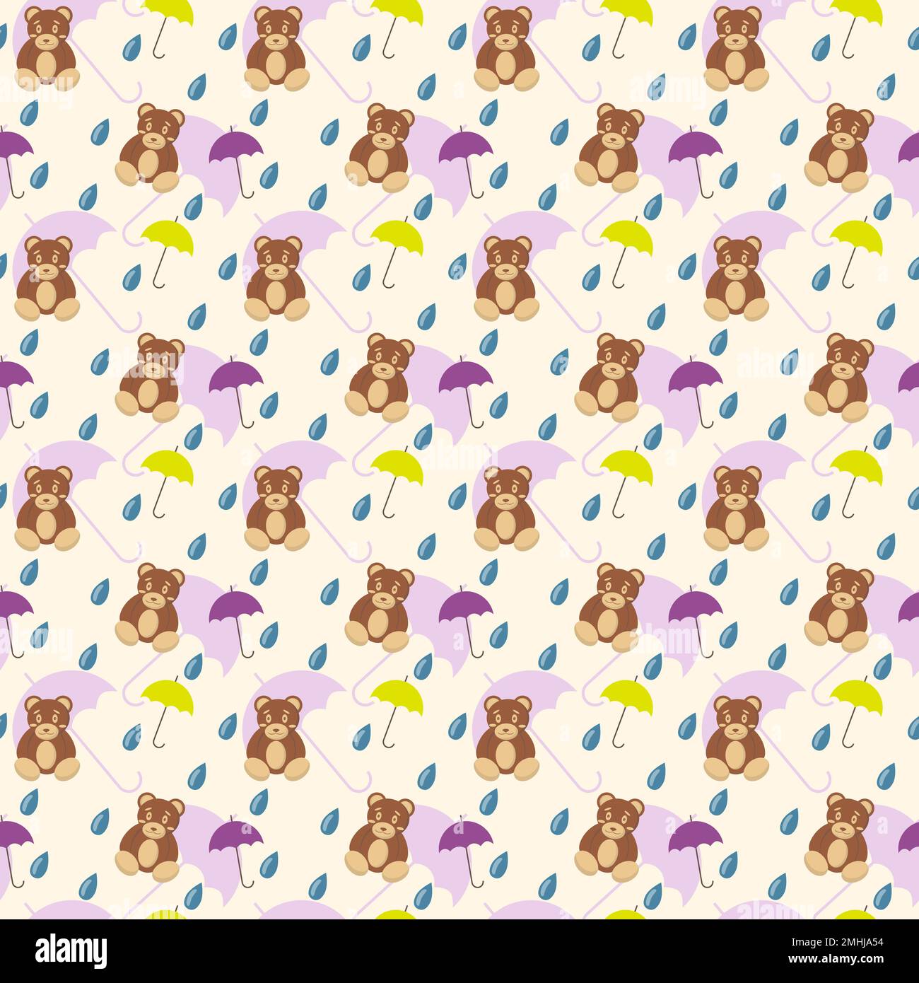Motivo senza cuciture con cute orsacchiotto marrone e ombrello sopra sfondo chiaro Illustrazione Vettoriale