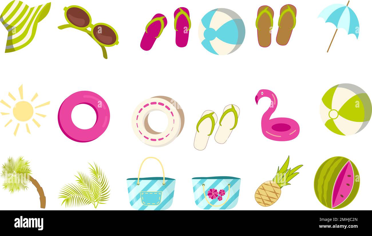 Clipart con pacchetto icone di accessori estivi per la vacanza in spiaggia: Infradito, borsa da spiaggia, palma, anello gonfiabile, fenicottero rosa, occhiali da sole, spiaggia umbre Illustrazione Vettoriale