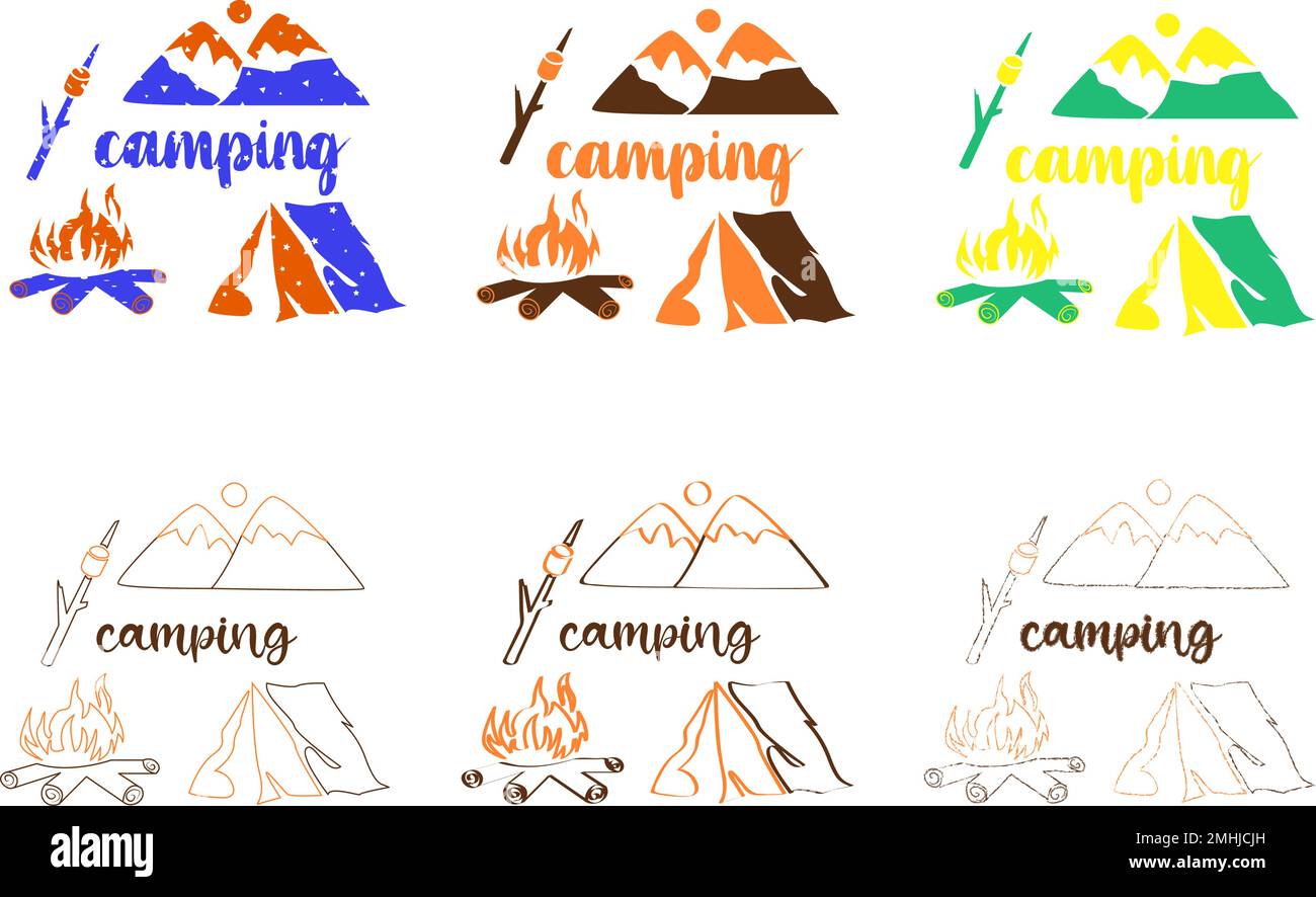 Set di icone con attributi da campeggio disegnando in stile pieno e contorno con scritte a pennello Illustrazione Vettoriale