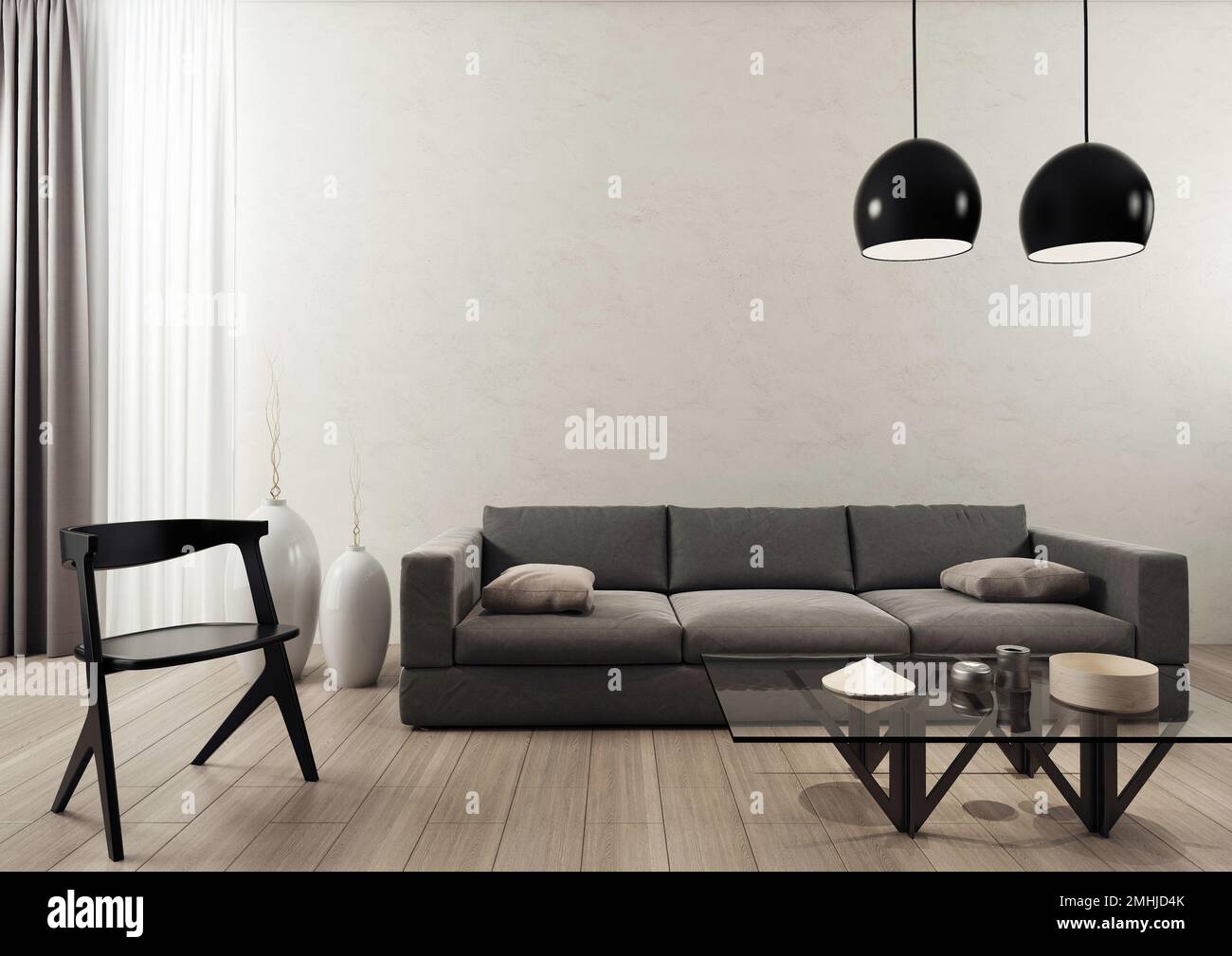 Un'illustrazione resa nel 3D di un soggiorno minimalista ed elegante Foto Stock