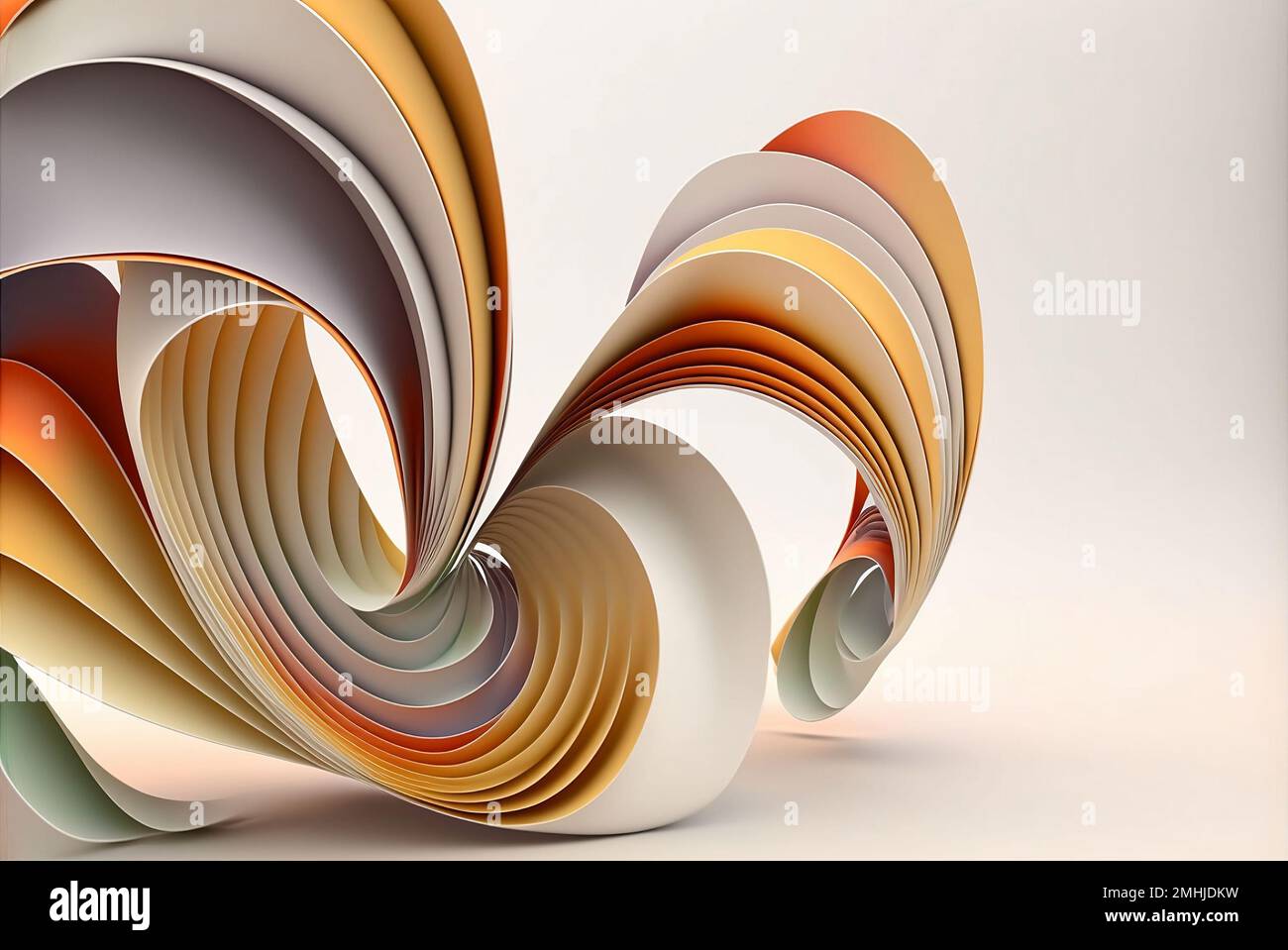 Un'illustrazione generata dall'intelligenza artificiale di spirali stratificate astratte color pastello su uno sfondo bianco Foto Stock