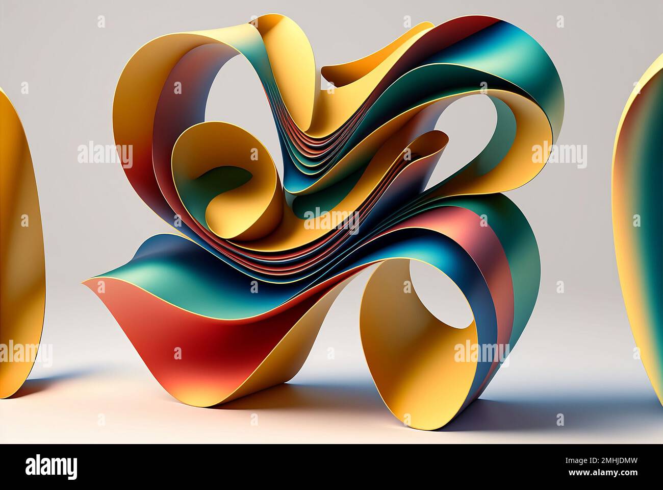 Un'illustrazione generata dall'intelligenza artificiale di un design a spirale a strati colorato astratto su uno sfondo bianco Foto Stock