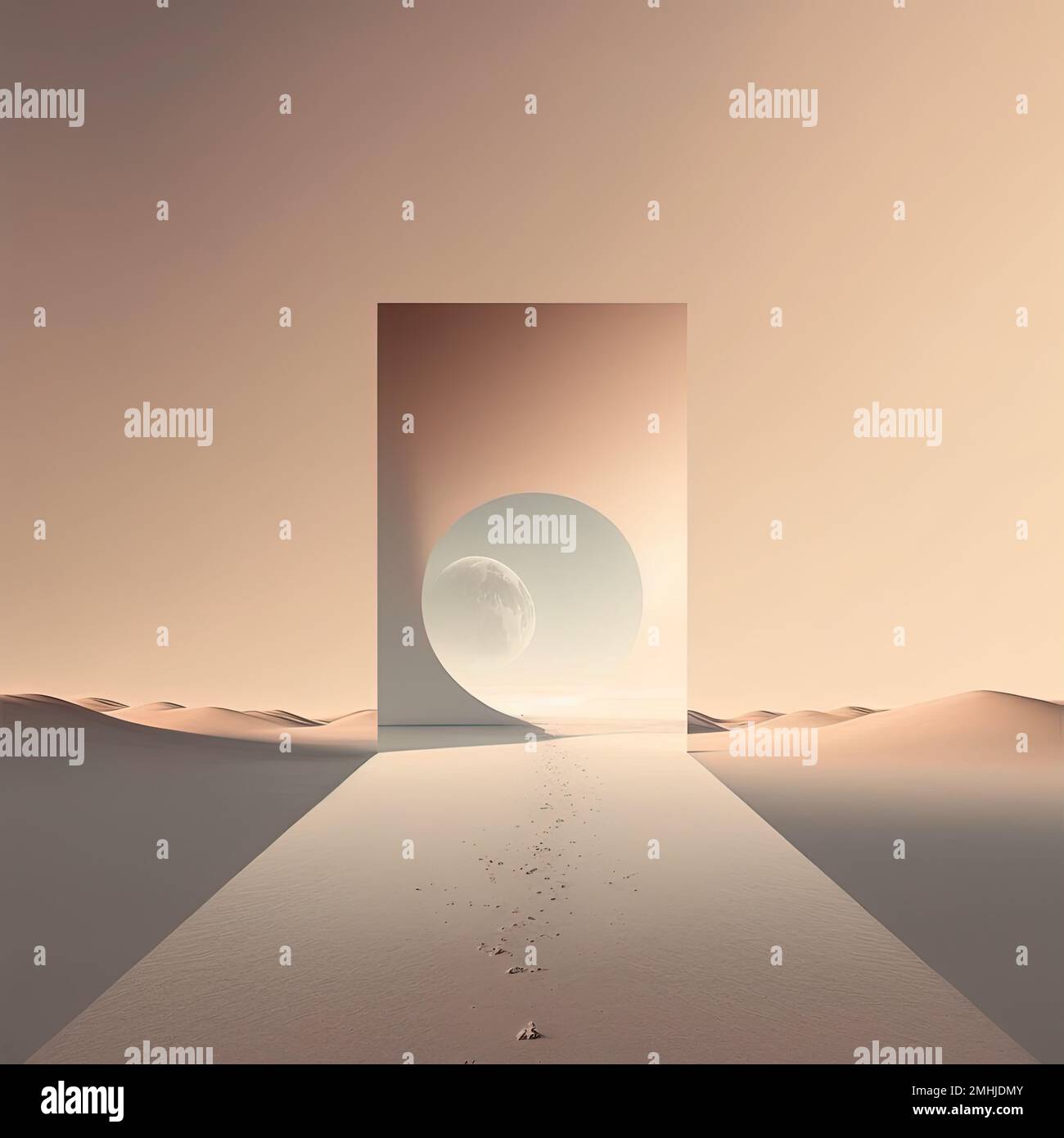 Un'illustrazione generata dall'intelligenza artificiale del percorso che conduce alla luna in colori beige Foto Stock