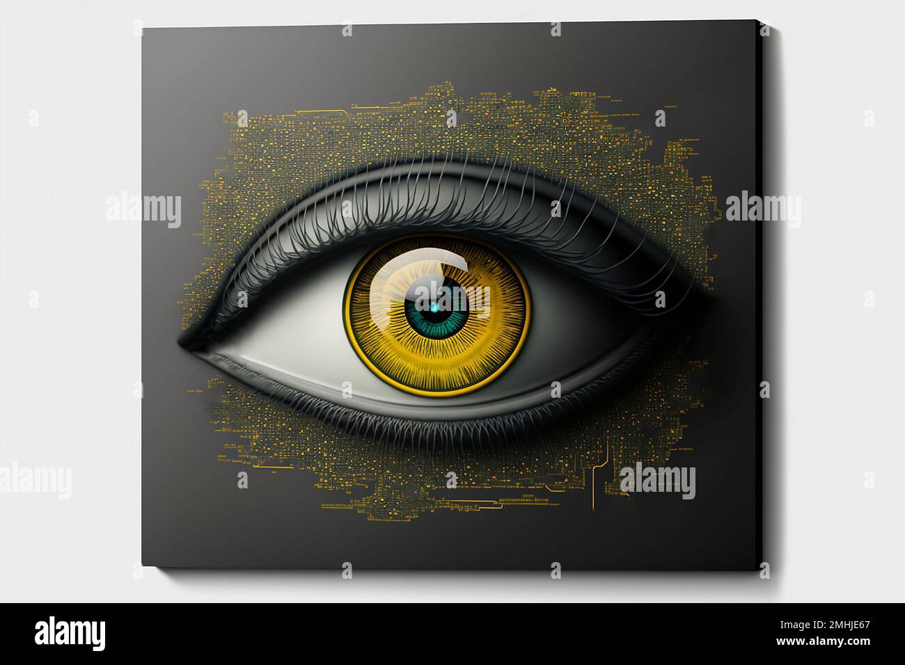 Un'illustrazione generata dall'intelligenza artificiale di un occhio umano dorato su una tela scura. Concetto sci-fi. Foto Stock