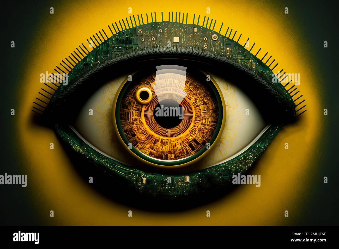 Un'illustrazione generata dall'intelligenza artificiale di un occhio umano fantascientico su uno sfondo scuro con un bagliore giallo. Foto Stock