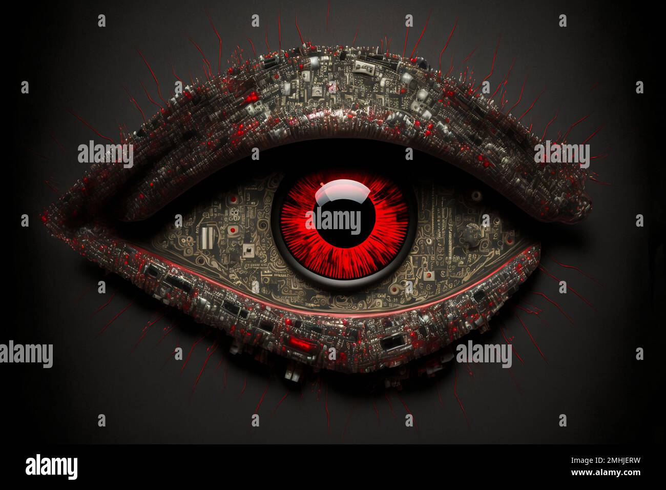 Un'illustrazione generata dall'intelligenza artificiale di un occhio rosso umano su uno sfondo scuro. Concetto sci-fi. Foto Stock