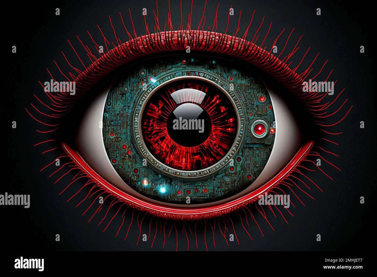 Un'illustrazione generata dall'intelligenza artificiale di un occhio rosso umano su uno sfondo scuro. Concetto sci-fi. Foto Stock