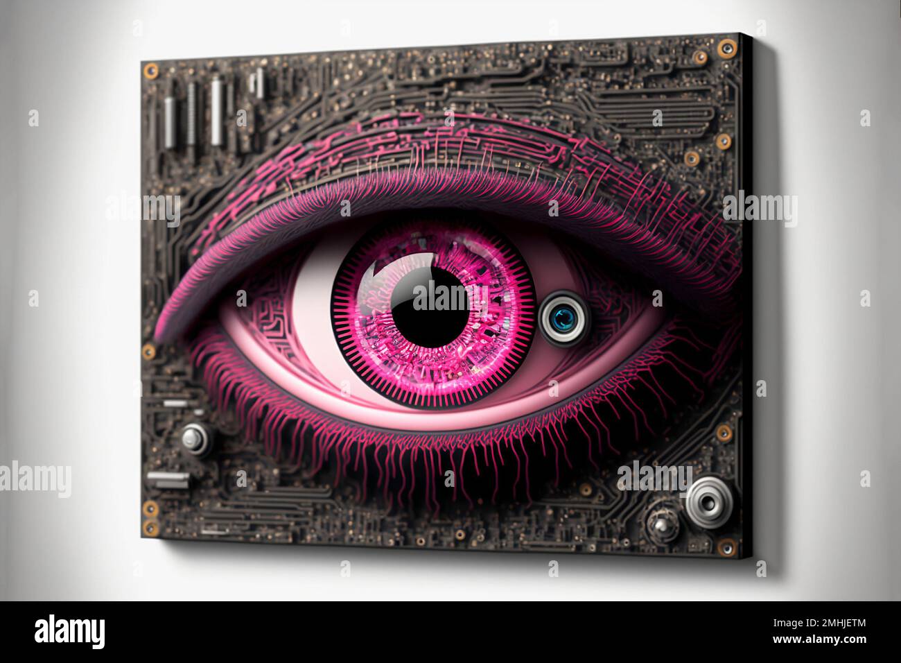Un'illustrazione generata dall'intelligenza artificiale di un occhio rosa umano su una tela. Concetto sci-fi. Foto Stock