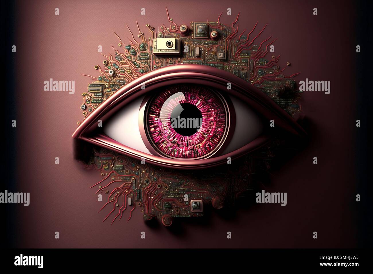 Un'illustrazione generata dall'intelligenza artificiale di un occhio rosa umano su uno sfondo scuro. Concetto sci-fi. Foto Stock