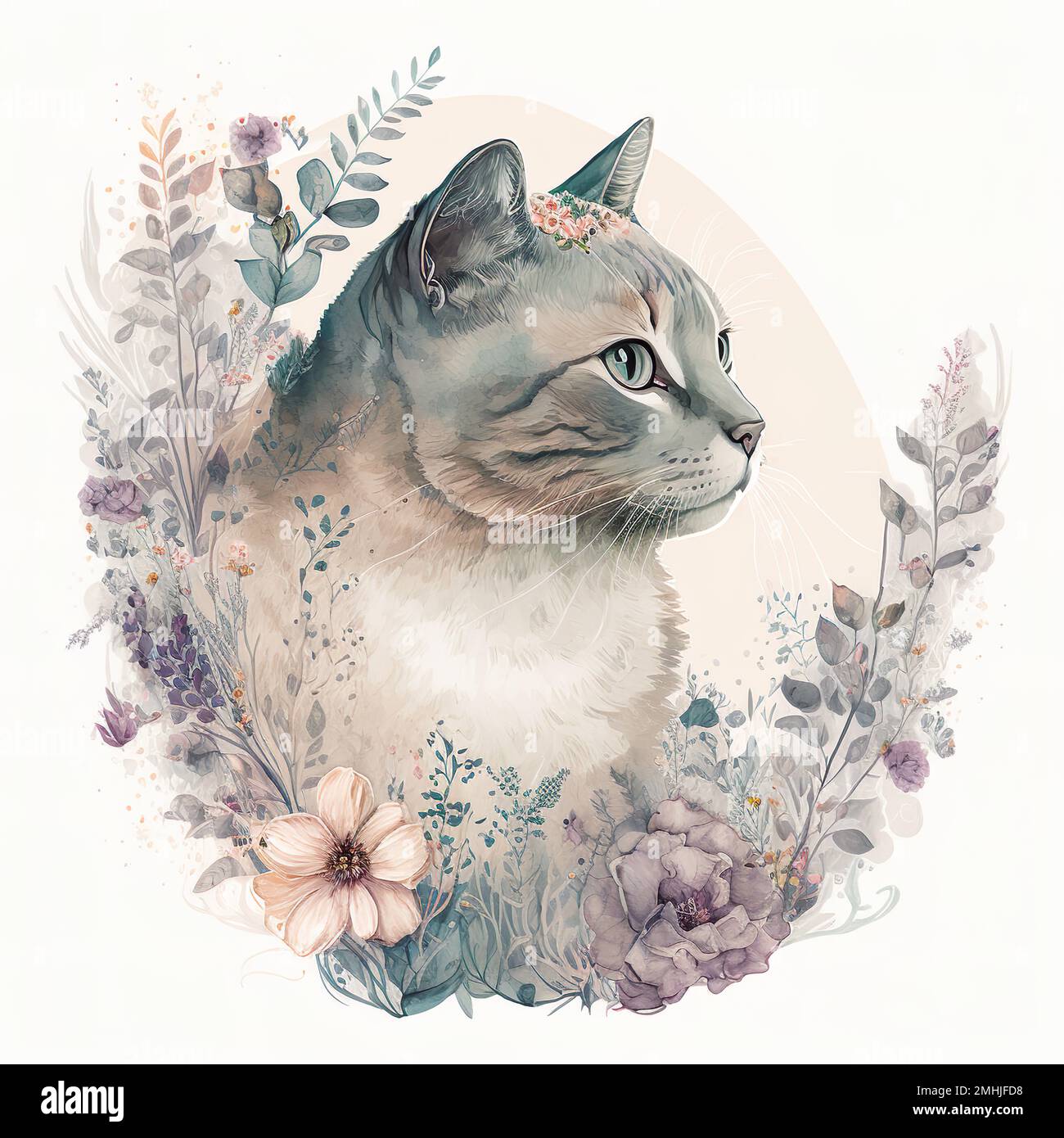 Un'illustrazione generata dall'intelligenza artificiale di un gatto grigio con fiori. Foto Stock