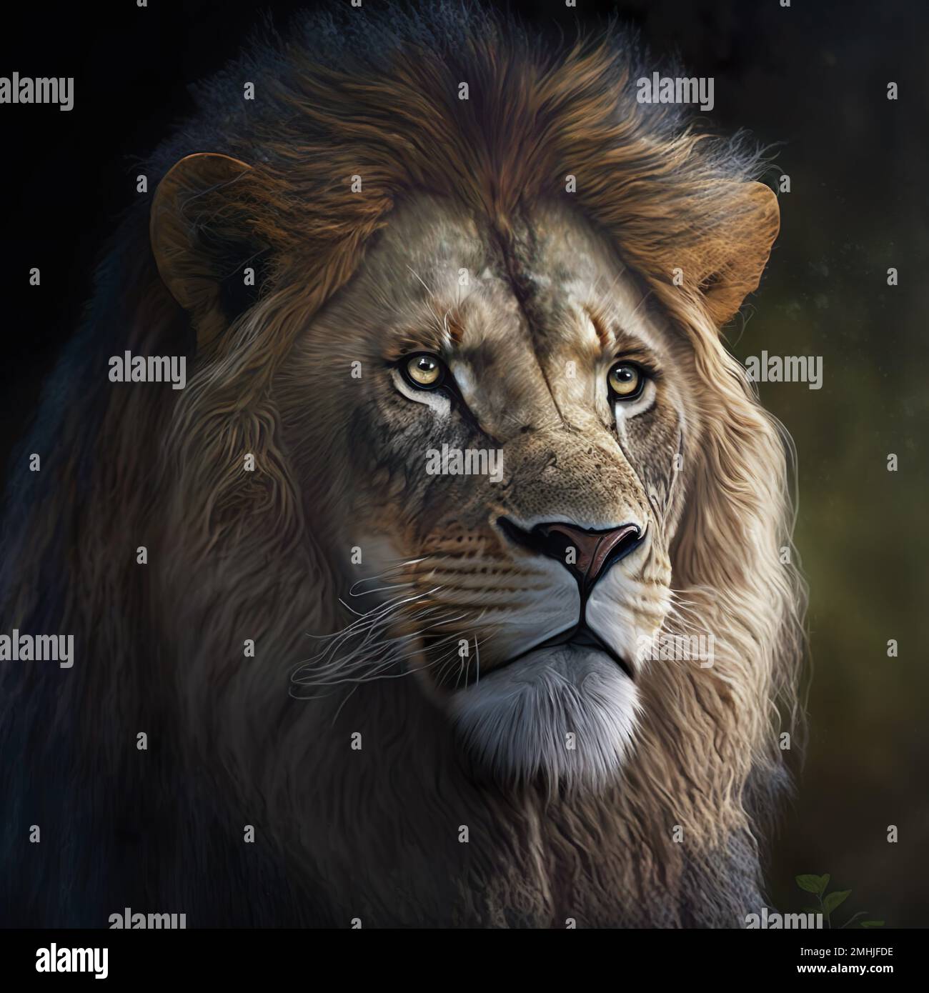 Un'illustrazione generata dall'intelligenza artificiale di una testa di leone maschio. Foto Stock