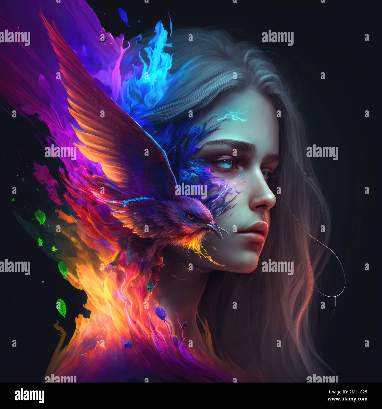 Un'illustrazione generata dall'intelligenza artificiale di una ragazza fantasy con un uccello colorato. Foto Stock
