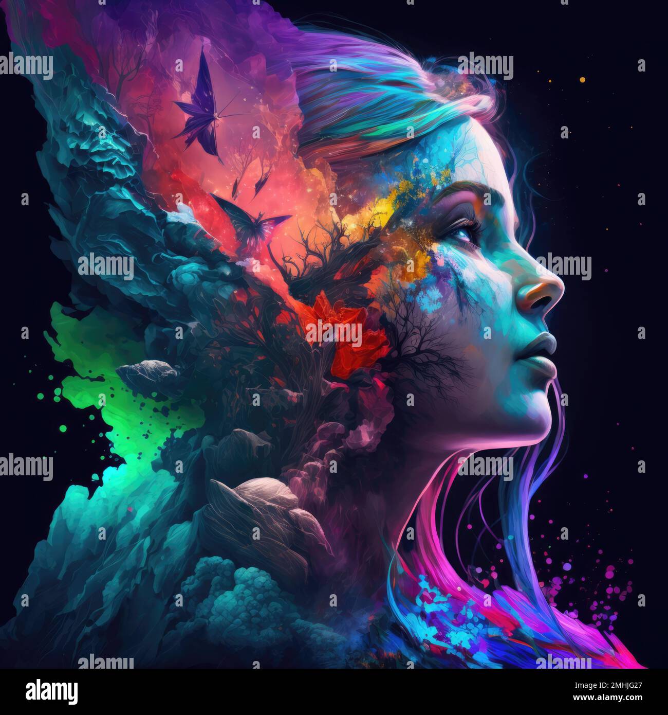 Un'illustrazione generata dall'intelligenza artificiale di una ragazza con un mondo magico colorato nella sua testa. Foto Stock