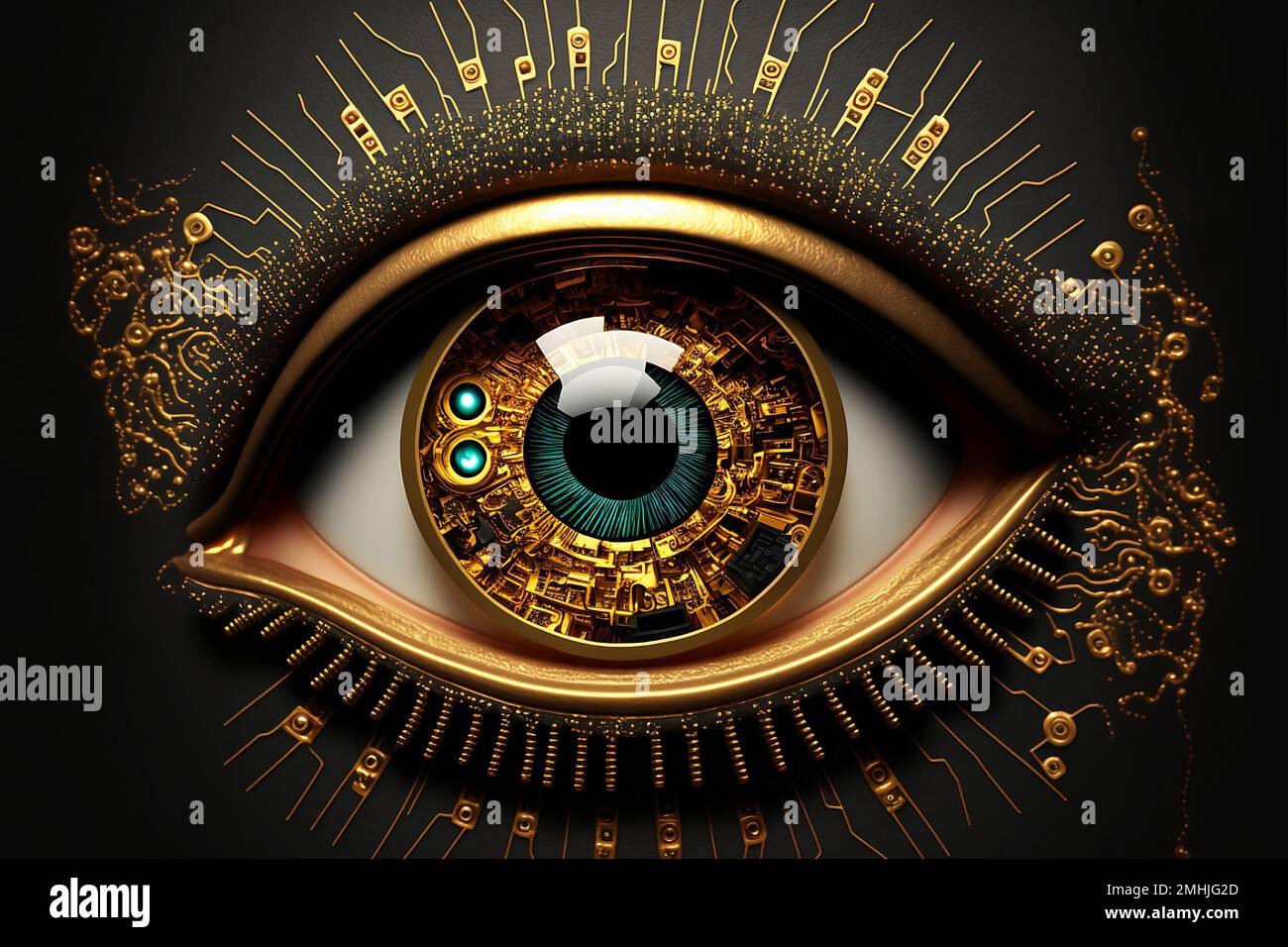 Un'illustrazione generata dall'intelligenza artificiale di un occhio umano dorato su uno sfondo scuro. Foto Stock