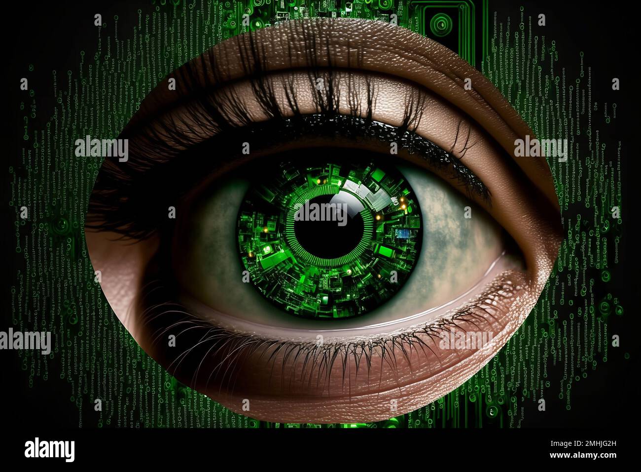 Un'illustrazione generata dall'intelligenza artificiale di un occhio cyber verde umano. Foto Stock