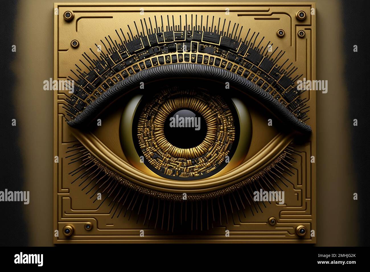 Un'illustrazione generata dall'intelligenza artificiale di un occhio umano in una struttura in metallo dorato. Foto Stock