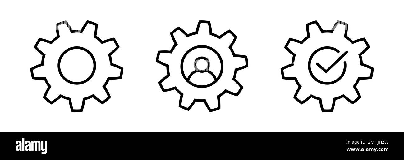 Uomo e dente, ingranaggio con l'icona della linea di controllo impostata in piano Illustrazione Vettoriale